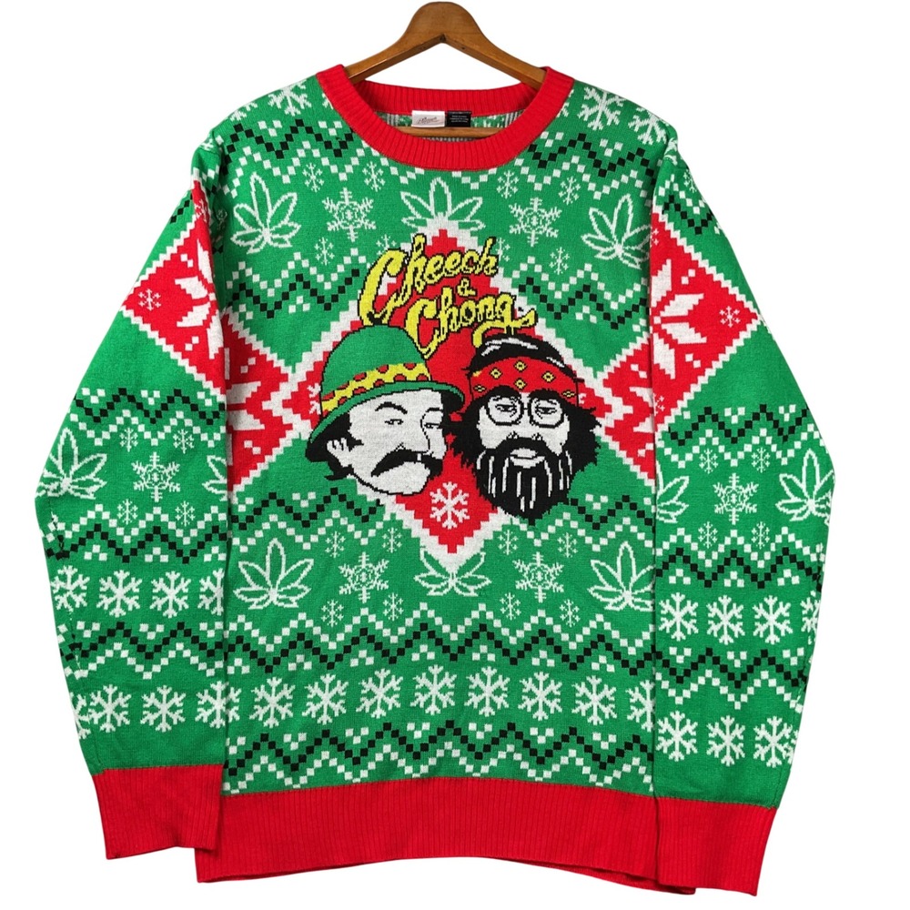 Cheech & Chong Ugly Christmas Sweater Mens Small Green Fair Isle Cannabis Leaf